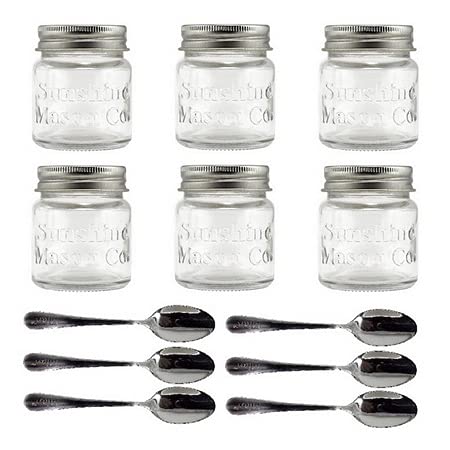 Mini Mason Jar Shot Glasses with Metal Lid 2 Oz with Dessert Spoons, 6 Pieces