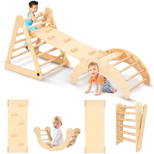 Triangolo Montessori MamiKids Minions - Con Scivolo E Dondolo, In Legno Naturale, Richiudibile, Made In Italy