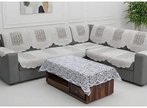 Image of Fab Nation Sofa Cover L Shape 5 Seater with Corner L Type Fully Covered Sofa Set for Living Room | Cotton Sofa Slipcovers for 3 + 2 Seaters Cover with 2 Arms + 1 Table Cover | Silver