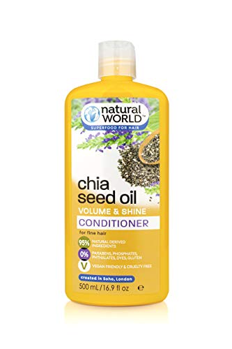 NATURAL WORLD 치아씨드 오일 볼륨 샤인 컨디셔너 (500ML) - 가는 모발용. 95% 천연 유래 성분. 채식주의자 친화적이고 잔인하지 않음