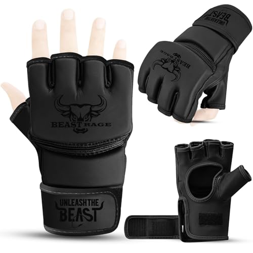 BEASTRAGE MMA Guantes para Hombres y Mujeres, Artes Marciales Mitones Grappling Sparring, Palma ventilada, Cuero Vegano, Cage Fighting, Muay Thai, Kick Boxing, (S, Negro)