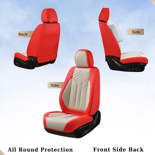 Image of Coverado Leather Car Seat Covers Full Set, 5 Seats Seat Covers for Cars, Waterproof Car Seat Cushions, Front and Rear Seat Protectors Universal Fit Most Vehicles (Red&Beige)