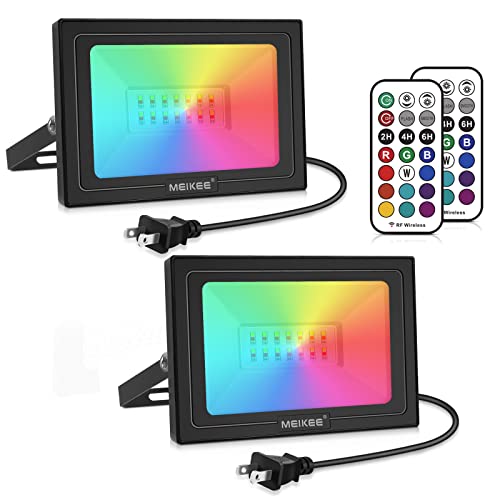 Meikee Rgb Flood Lights 25W (200W Equiv.) 2 Pack Led Floodlight Rgb Lights With Remote, Ip66 Waterproof, Dimmable Timing Setting Memory Decorative Light 2-Prong Plug For Diy Stage, Party, Holiday #TOP7