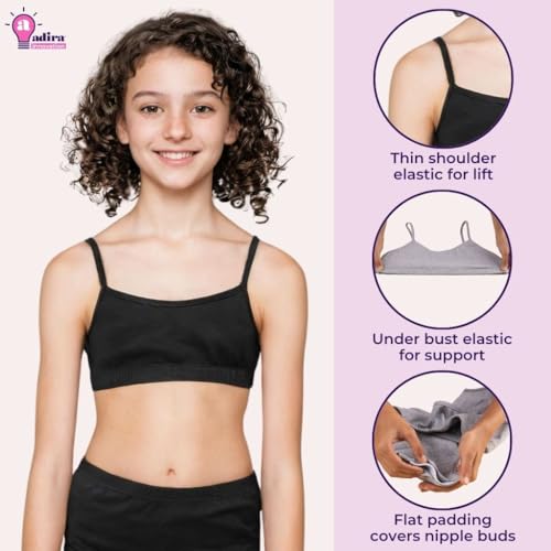 Image of ADIRA | Beginners Bra for Girls 13-14 Years | Flat Padding for Nipple Coverage | Comfortable Strecthy Cotton | Comfy-Breathable Beginners Bra & Super Soft Material | Pack of 3