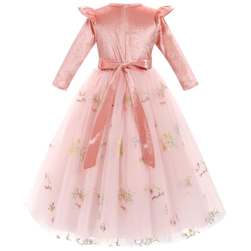 IMEKIS Toddler Kid Girl Velvet Dress Embroidered Floral Tulle Christmas Pageant Party Fall Winter Wedding Dress 3-12T2