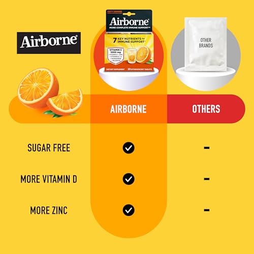 Image of Airborne 1000mg Vitamin C with Zinc Effervescent Tablets, Immune Support Supplement with Powerful Antioxidants Vitamins A C & E - 20 Fizzy Drink Tablets, Zesty Orange Flavor