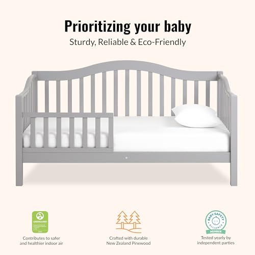 Image of Dream On Me Austin Wooden Toddler Day Bed for Kids, Pebble Grey | GREENGUARD Gold Certified & BSA Verified, Low-to-Floor Design, Removable Safety Guardrail, Solid New Zealand Pinewood