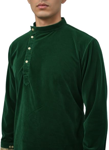 Generic Men's Green Velvet Kurta, Long Sleeve - Image 3