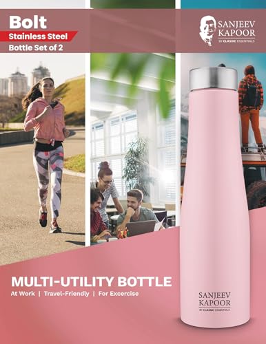 Image of CLASSIC ESSENTIALS Stainless Steel PURO Water Bottle 100% Leak Proof | Office Bottle | Gym Bottle | Hiking & Treking Bottle | Steel Water Bottle 1000 ml Bottle (Set of 2) (Pink)