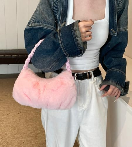 Handbag Fuzzy Purse for Women Stylish Soft Shoulder Bag Faux Purse Small Tote Bag3