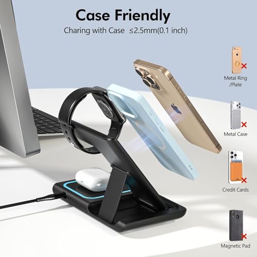 Image of 3 in 1 Wireless Charger Charging Station, Wireless Charger Stand for iPhone17 16e 16 15 14 Pro Max 13 12 11,Charging Dock for AirPods 4 3 2 Pro, Apple Watch 11 /10 /9 /Ultra /8 /SE /7 /6 /5 /4 /3