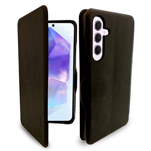 Image of Premium Vegan Leather Phone Cover With Card Slot - Slim, Durable, Privacy Protection, Kickstand Function, Elegant Flip Wallet Cases Compatible For Samsung A55 5G (Black)