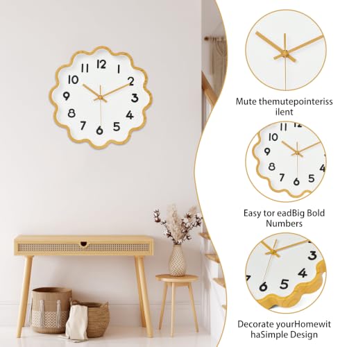 Image of HZDHCLH Wall Clocks Battery Operated 12 Inch Cloud Shaped Wall Clock Silent Non Ticking Modern Decorative Clock with 3D Numbers for Bedroom Living Room Nursery Classroom Yellow Wood Grain