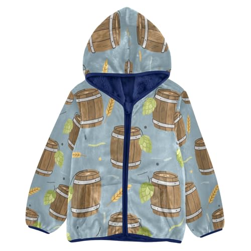 Wooden Barrels with Hops Leaves Toddler Fleece Jacket Girl Boys Hooded Fleece Jacket Coat Warm Outwear Zip-up 3-10T