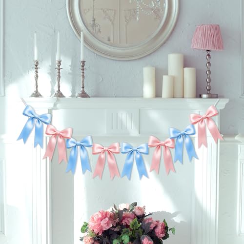 Image of 1 String of 8PCS Baby Pink&Baby Blue Bow Garland Banner Decoration,Pre-Strung Satin Ribbon Ornaments for Gender Reveal Party,Baby Shower,Birthday,Bridal Shower,Graduation Decor,Anniversary,Wedding