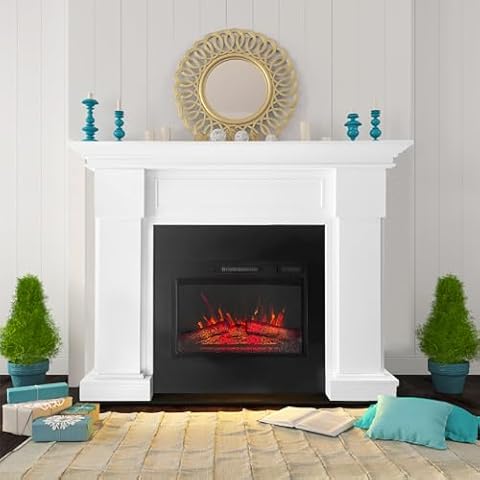 55" White Electric Fireplace with Mantel, Elegant Heater for Living Room or Bedroom, Complete with Remote Control and LED Flame Effects Cover