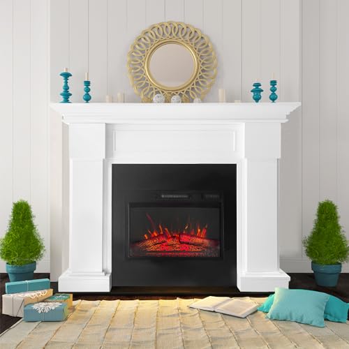Cloud Mountain 48' White Electric Fireplace with Mantel, Elegant Heater for Living Room or Bedroom, Complete with Remote Control and LED Flame Effects