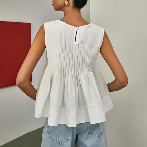 WOWULOVELY Womens Summer Pleated Peplum Sleeveless Blouse Tank Tops Crew Neck Babydoll Blouse Y2K Round Shirt 20252