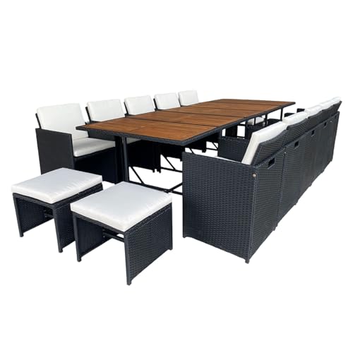 CONCEPT USINE | Salon de Jardin Encastrable Toledo 14 Places Résine Tressée Noir | Table Repas Extérieure avec 10 Fauteuils et 4 Poufs | Plateau Acacia | Coussins Beige Déhoussables | Housse Incluse