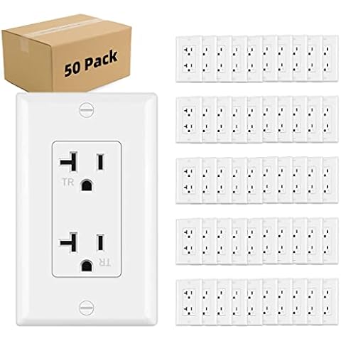 Micmi Outlet Socket, Decorator Receptacle, 20 Amp, 125 Volt, Tamper Resistant, Grounding UL Listed White with Wall Plates 50pack (20A) Cover