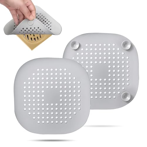 2 Pack Hair Drain Catcher,Square Drain Cover for Shower Silicone Hair Stopper with Suction Cup,Easy to Install Suit for Bathroom,Bathtub,Kitchen (Sliver Grey)