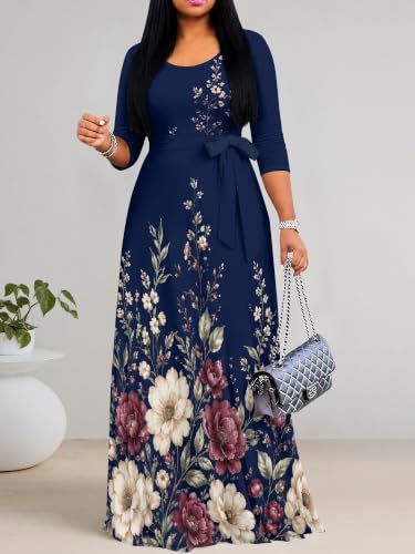Image of Maxi Dress for Women with Sleeves, Empire Waist Dress | A-line shape, self-tie belt, side pockets and pull-on design; stretch fabric for church, work and casual wear