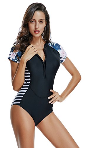 Lafykoly Women's One Piece Long Sleeve Rash Guard Uv Protection Printed Surfing Swimsuit Swimwear Bathing Suit (L(Us:10-12), Short Sleeve&Black) #TOP2
