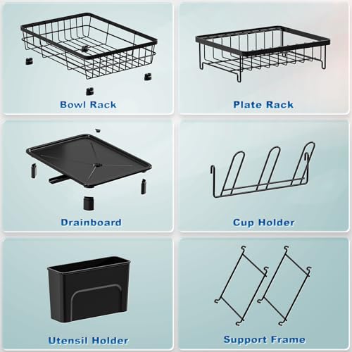 GAOKASE Dish Drying Rack, Stainless Steel-Dish Rack, Dish Racks for Kitchen Counter, Kitchen Dish Drainers with Removable Utensil Holder,New Drain Outlet,Plate Rack and Drainboard (Black 3) — view 5