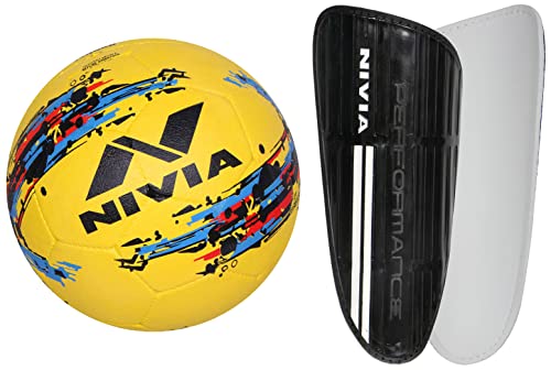 Image of Nivia Storm Football, Size 5 (Yellow) SG-806 Performance Football Shin Guard Black, Medium Combo