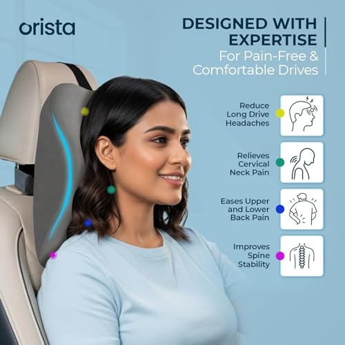 Image of Orista Premium Car Neck Rest Pillow | 2 Years Warranty | Memory Foam Neck Pillow for Car, Headrest Cushion for Neck & Cervical Support - Relieves Neck Pain & Fatigue | Grey Velvet
