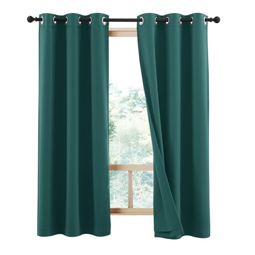Image of NICETOWN 100% Blackout Curtains with Liners, Solid Thermal Insulated Full Blackout Lined Drapes, Energy Efficiency Window Draperies for Bedroom (Emerald Green, 2 Panels, 42 inch W x 63 inch L)
