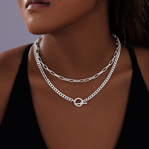 Chunky Gold Necklaces for Women Layered 14k Gold Silver Plated Heart Pearl Pendant Choker Necklace Trendy Dainty Stacked Paperclip Cuban Chain Simple Jewelry Valentine's Day Gifts Set2