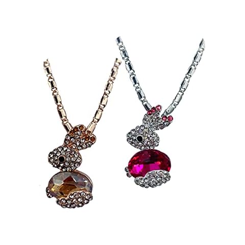 Bunny Necklace for Girls - Silver Rabbit Pendant Necklace - Easter Necklace for Women - Bunny Pendant Necklace in Silver - Bunny Jewelry - Easter Bunny Gifts for Girls (Champagne & Ruby Pink) Cover