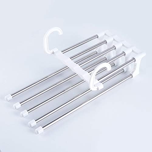 5 en 1 Multifunción Pant Rack Hnager Armario de acero inoxidable Ajustable Magic Pantalones Perchas Toallas Estantes Organizador de armario (blanco)