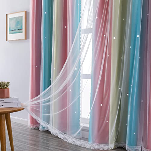 Image of XiDi Curtains for Bedroom Decor, Rainbow Pink-Blue-34-90