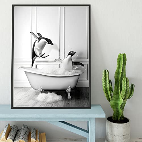 123 Life Penguin Bathroom Decor Wall Art Two Penguin Play In The Bathtub Canvas Artwork Poster Black And White Paintings Pictures For Bathroom Unframed (12X16In/30X40Cm) #TOP3