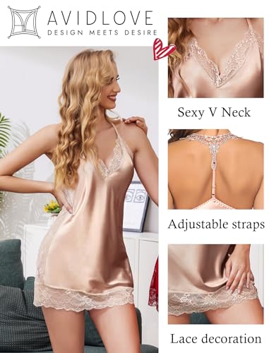 Image of Avidlove Women Lingerie Satin Lace Chemise Nightgown V Neck Mini Babydoll Sexy Full Slips Sleepwear S-4XL