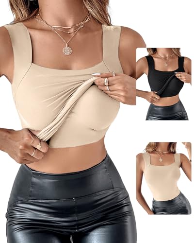 Image of CHICME Womens U Neck Shapewear Built-in Bra Tank High Strechy Sleeveless Slim Fit Tops Camisole Workout Tops