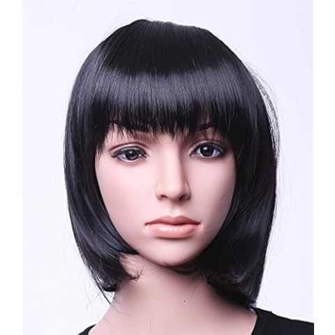 SWACC 11” Women Short Straight Synthetic Bob Wig Candy color Cosplay Wig Anime Costume hairpiece for Party with Wig Cap (Black-11) Cover