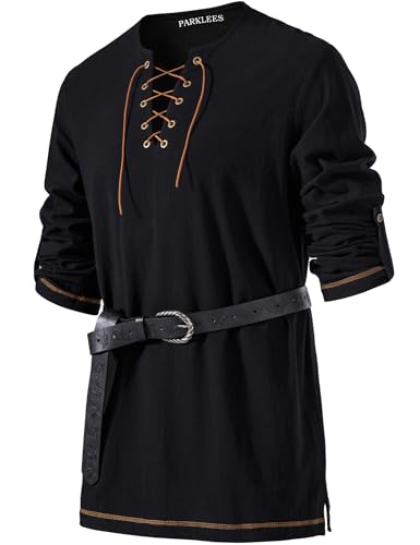 PARKLEES Mens Medieval Viking Pirate Costume Vintage Renaissance Halloween Shirts Black Large