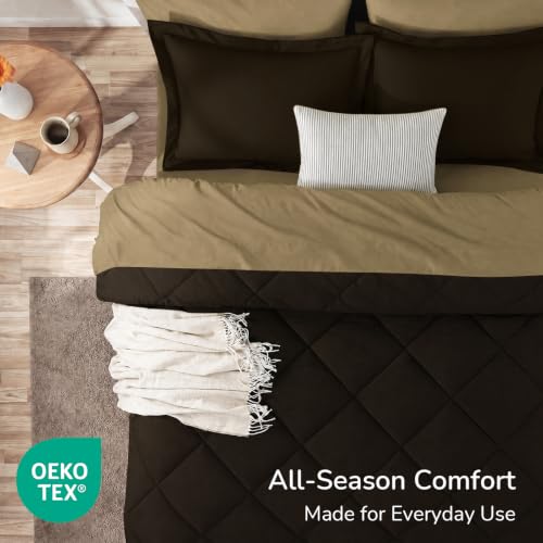 Image of downluxe 7 Pieces King Comforter Set with Sheets, Reversible Bed in a Bag for All Seasons with Comforter, Flat Sheet, Fitted Sheet, 2 Pillowcases and 2 Pillow Shams, Brown /Tan