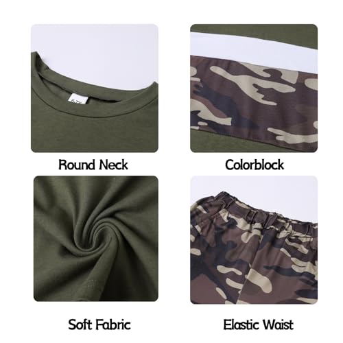 Image of OLMRJKD Boys 2 Piece Outfits Color Block Clothes Short Sleeve T Shirt and Camouflage Pants Summer Clothing Sets