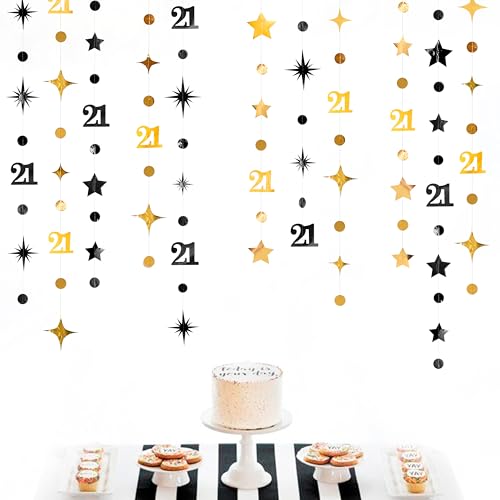 Image of Black Gold 21st Birthday Decorations Number 21 Circle Dot Twinkle Star Garland Hanging Streamer Banner Backdrop for Girls Boys Cheers to 21 Years Finally Legal Bday 21st Anniversary Party Supplies