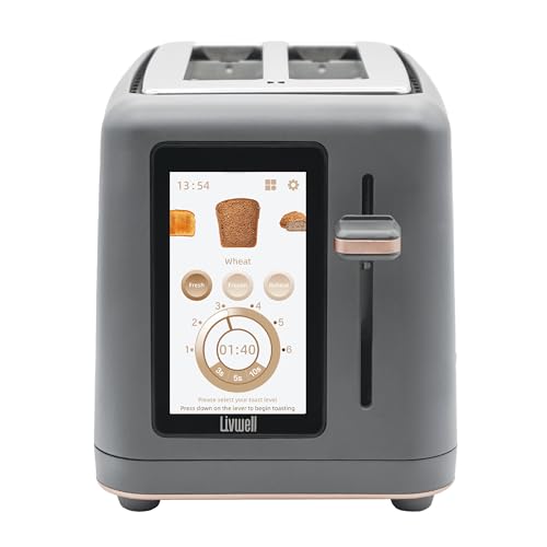 Livwell Touch IQ Matte Grey 2-Slice Toaster with High-Resolution Touch Screen - Kitchen Wedding Gift or Dorm Room Appliance - 10 Bread Settings, 6 Browning Levels, Multilingual Options