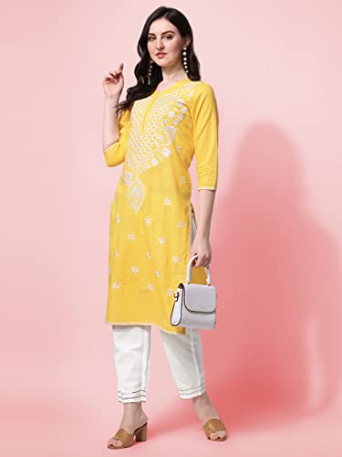 Image of MIRCHI FASHION Pure Cotton Lucknowi Chikankari Embroidered Kurta Set | Straight Fit Kurta Pant Outfit | Ethnic Office Wear & Daily Style 2 Piece Collection