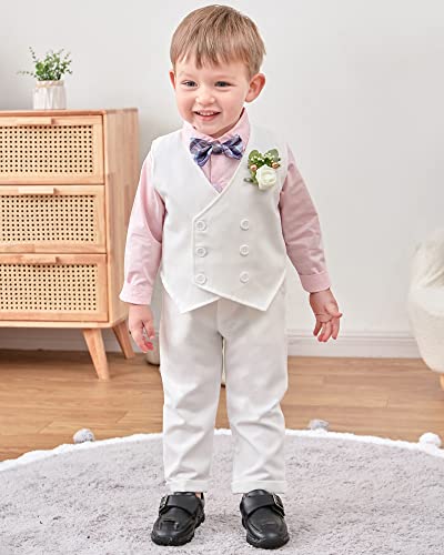 Image of YALLET Toddler Baby Boy Clothes Suit Gentleman Wedding Outfits, Formal Dress Shirt+Bowtie+Vest+Boutonniere+Suspender Pants
