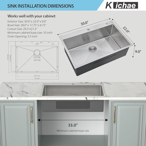 Image of Kichae 30 Inch Drop In Kitchen Sink - Stainless Steel Kitchen Sinks 30x22x9 Inch Topmount Overmount Single Bowl Handmade Basin