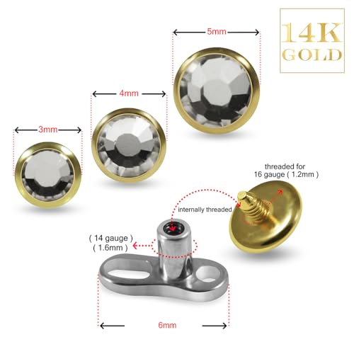 14K Solid Yellow Gold Round Crystal Stone Top with G23 Grade Titanium Internally Micro Dermal Anchor Drivers - Surface - Skin Piercing3
