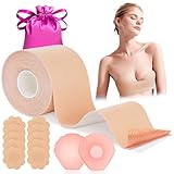 Korffe Brust Tape Klebe BH Push Up, Boob Tape Set für Klebe BH Große Brust Rückenfrei BH 2 Wiederverwendbare Unsichtbar Silikon Brüste Nippelpads Body Damen Tape für Körbchengrößen A-G
