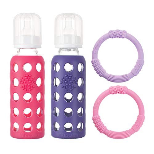 Lifefactory BPA-Free Baby Bundle Gift Set with 2 9-Ounce Glass Baby Bottles and 2 Silicone Teethers, Raspberry and Royal Purple